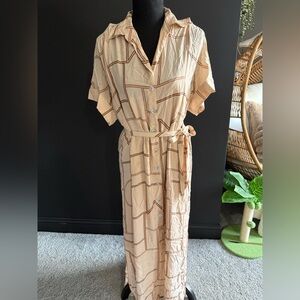 Beige Geometric Button-Front Maxi Dress with Tie Waist
